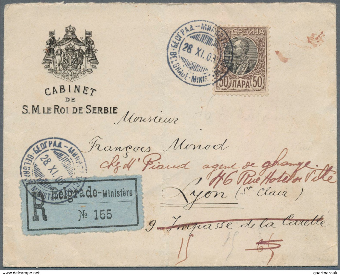 Serbien: 1905, 50 Para Dark-brown And Black, Single Franking On Registered Preprinted Cover "CABINET - Serbie