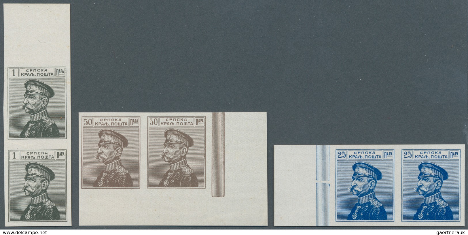 Serbien: 1911 (29 June - 20 Dec). King Peter I. Design “WITH CAP”. PLATE PROOFS. 1p Olive-black, 2p - Serbie