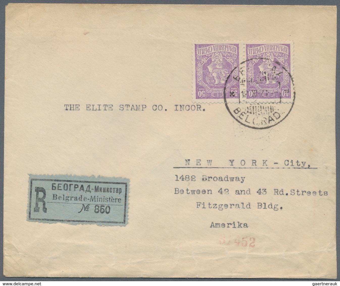 Serbien: 1920, King Peter I./Crown Prince Alexander 50pa. Violet, Horizontal Pair On Registered Cove - Serbia