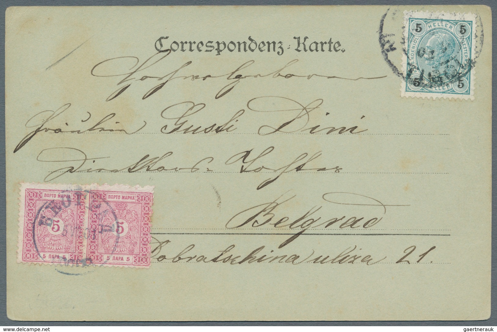 Serbien - Portomarken: 1901, 5pa. Lilac Two Copies On Incoming Ppc (used As Postcard With Message) F - Serbia