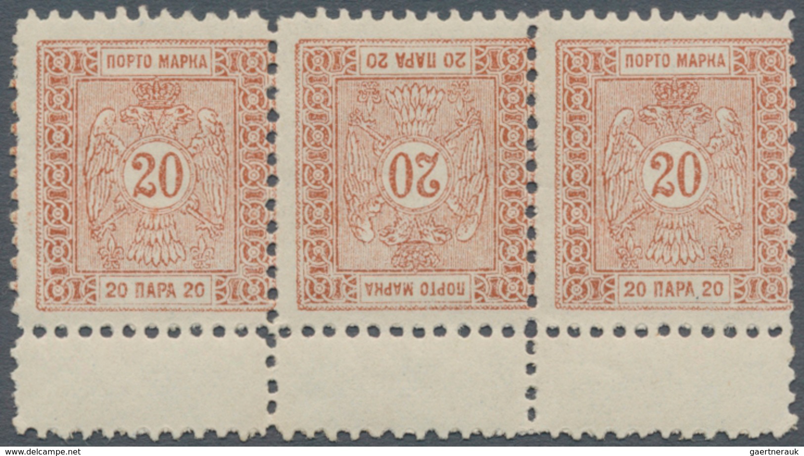 Serbien - Portomarken: 1898, 20pa. Brown, Horizontal Strip Of Three Incl. Tête-bêche Pair With Adjoi - Serbie