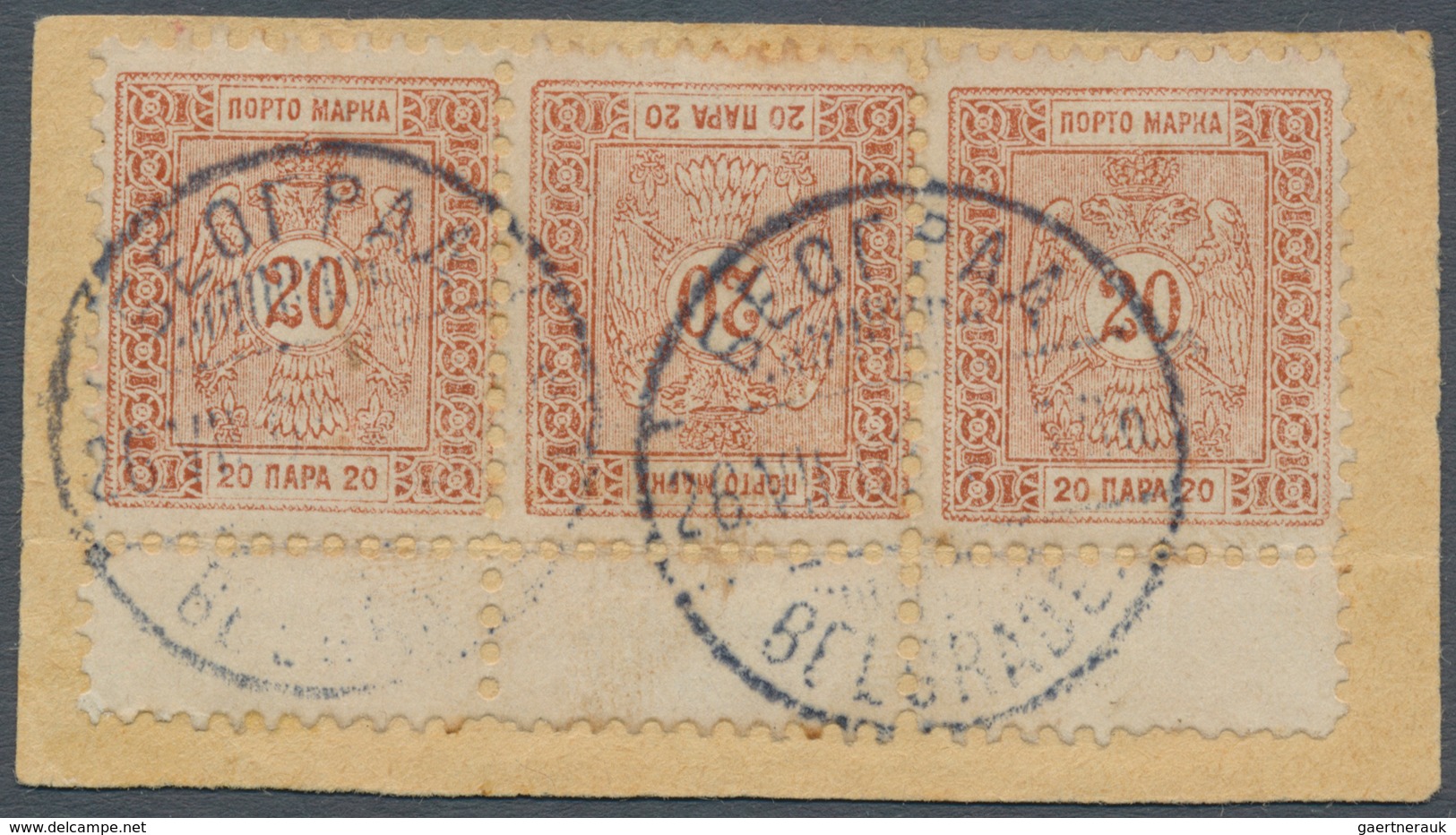 Serbien - Portomarken: 1898, 20pa. Brown, Horizontal Strip Of Three Incl. Tête-bêche Pair (few Sligh - Serbia