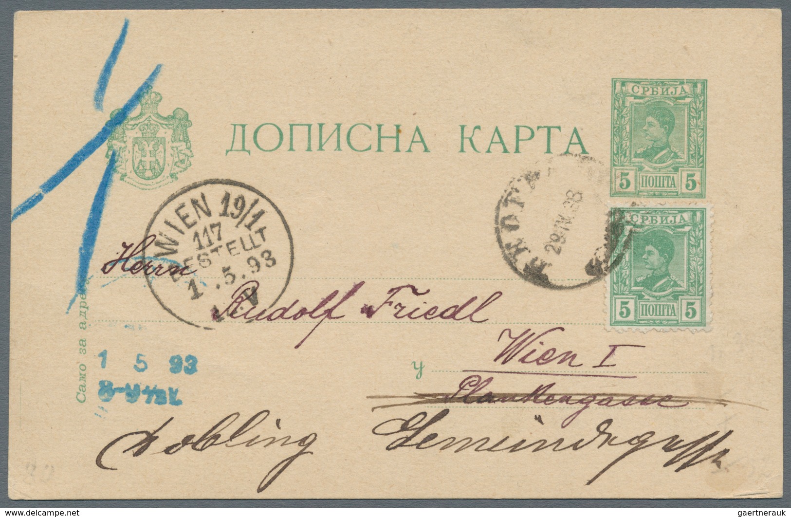 Serbien - Ganzsachen: 1893, King Alexander I., Stationery Card 5pa. Green Uprated By 5pa. Green, Use - Serbien