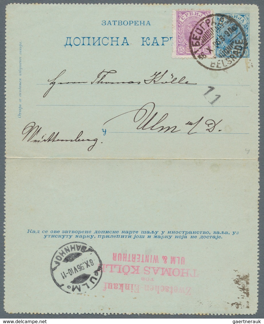 Serbien - Ganzsachen: 1896, King Alexander I., Letter Card 10pa. Blue Uprated By 15pa. Lilac, Used F - Serbien