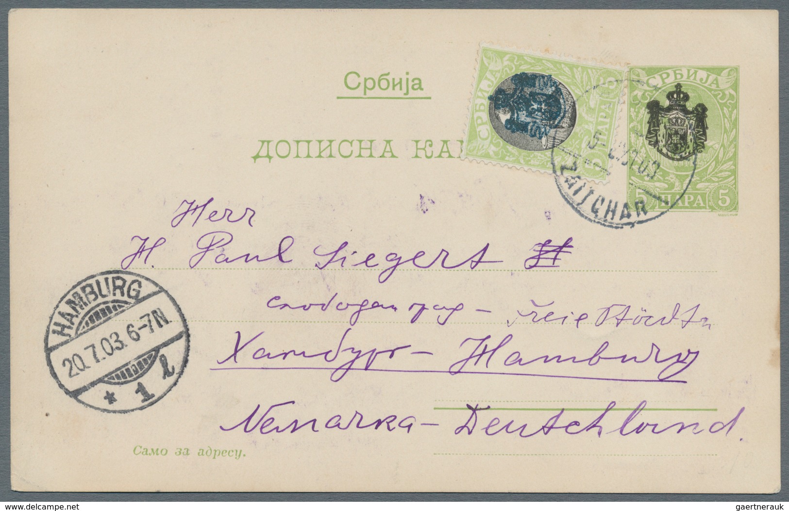 Serbien - Ganzsachen: 1903/1904, Mourning Issue, Group Of Three Uprated Stationery Cards 5pa. Green - Serbia
