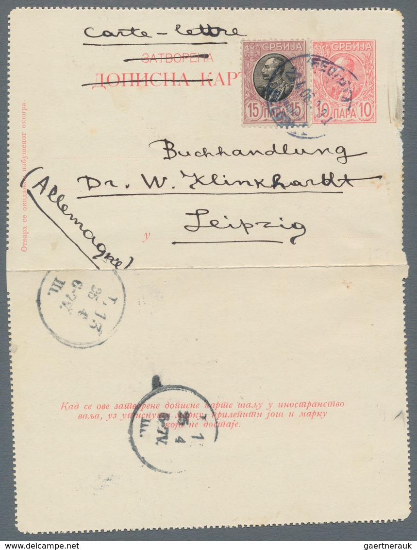 Serbien - Ganzsachen: 1908, King Peter I. Letter Card 10pa. Red, Uprated By 15pa. Lilac/black, Used - Serbie