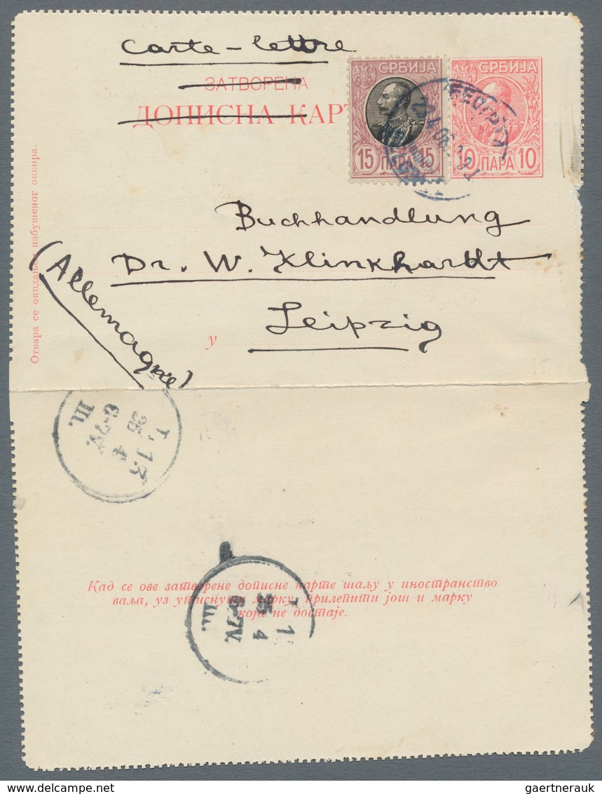 Serbien - Ganzsachen: 1908, King Peter I. Letter Card 10pa. Red, Uprated By 15pa. Lilac/black, Used - Serbien