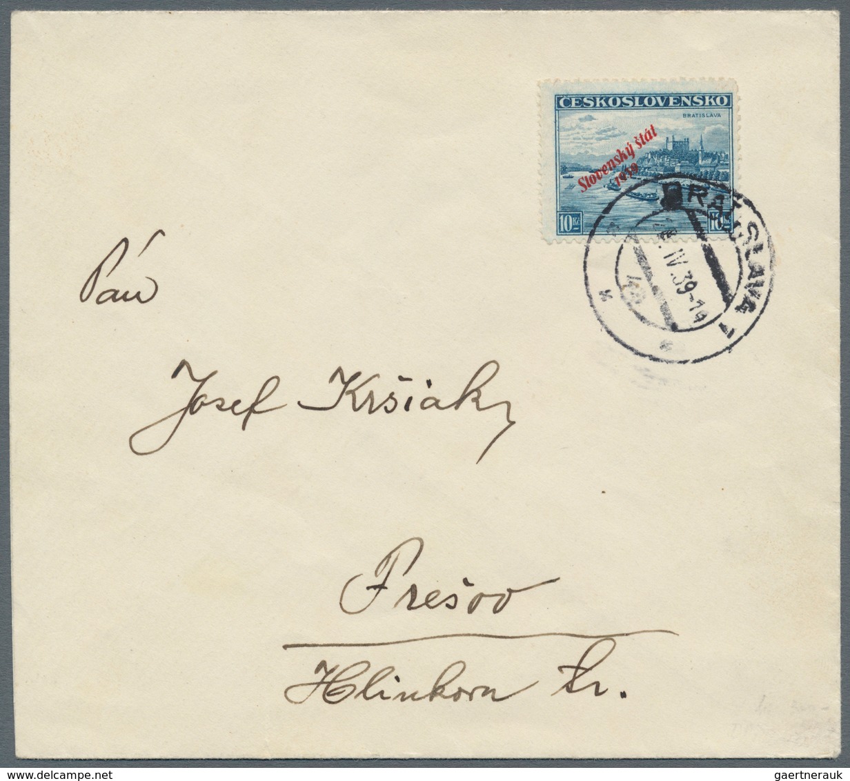 Slowakei: 1939, Overprints "Slovensky Stat 1939", Top Value 10kc. Blue On Cover (slightly Shortened - Ungebraucht