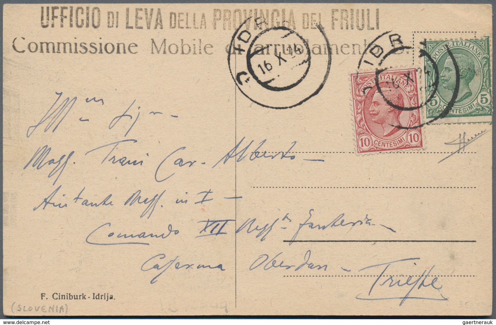Slowenien: Idrija, 1923, Italy 5 C., 10 C. Tied Apted "IDRIJA 16 X 24" To Ppc "Idrija." To Adjutant - Slovénie