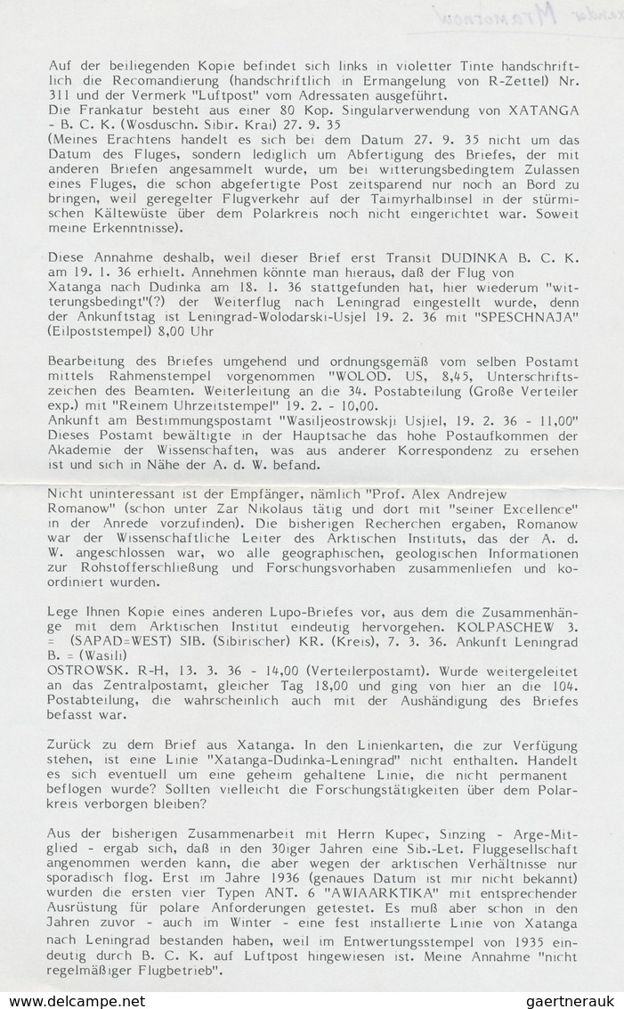 Sowjetunion: 1935 (27.09), LUFTPOST von X A T A N G A B. Wegen fehlender R-Zettel handschriftlich re
