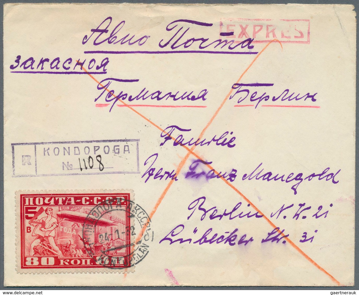 Sowjetunion: 1930, 80 K Carmine Zeppelin, Perf. 10 1/2, Single Franking On Registered Express Cover - Lettres & Documents