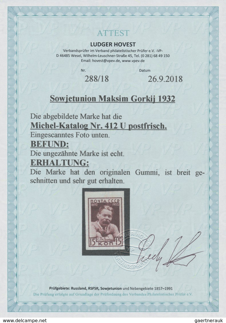 Sowjetunion: 1932, Maksim Gorkij 15kop. Brown IMPERFORATE, Unmounted Mint. Certificate Hovest VP. - Covers & Documents