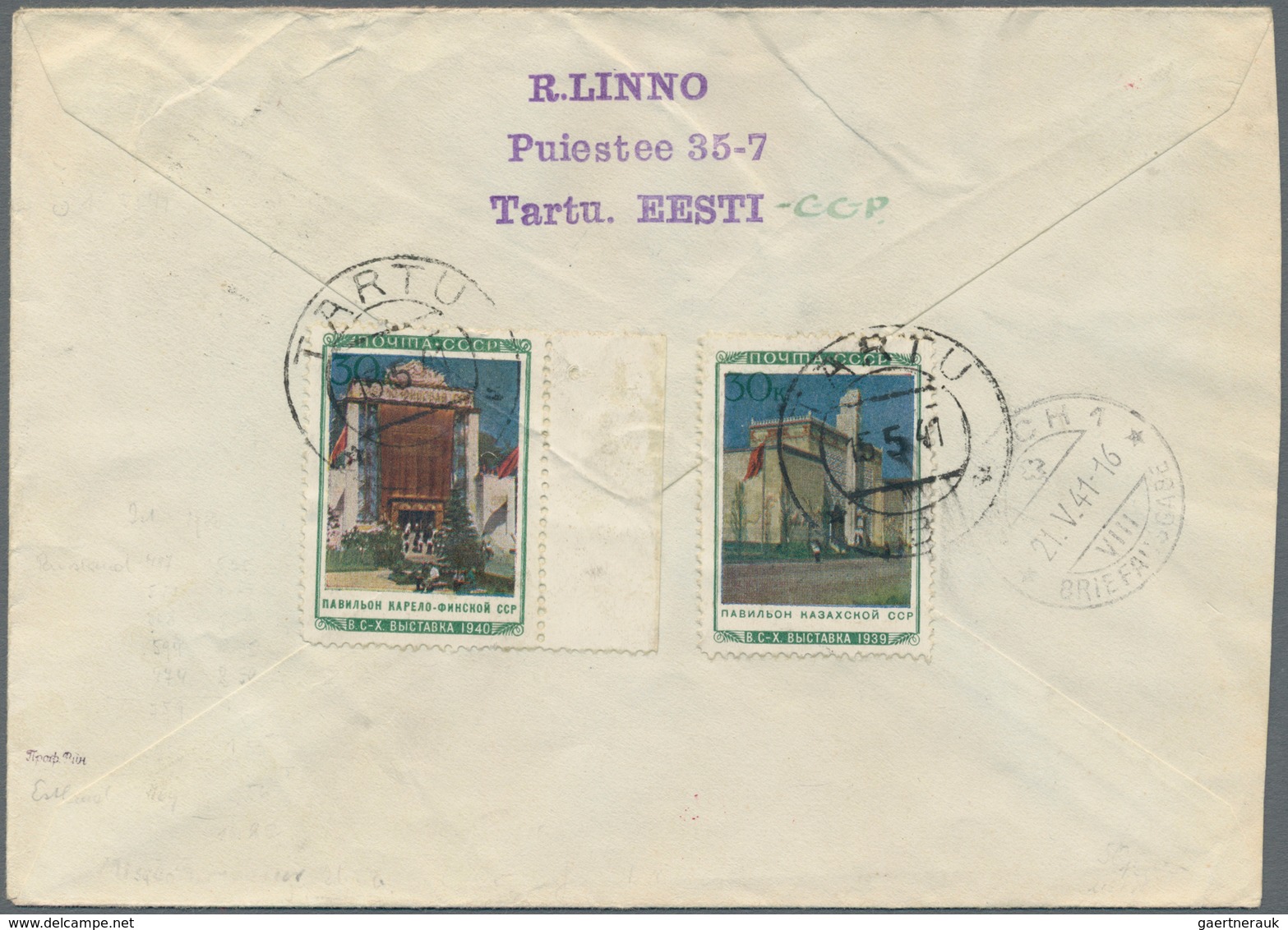 Sowjetunion: 1941, Estonian SSR, Attractive Franking Of Eight Values On Front/on Reverse In Combinat - Covers & Documents