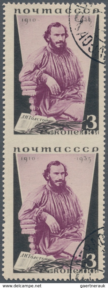 Sowjetunion: 1935, Lew Tolstoj 3kop. Violet/black, Vertical Pair IMPERFORATE BETWEEN, Neatly Cancell - Briefe U. Dokumente
