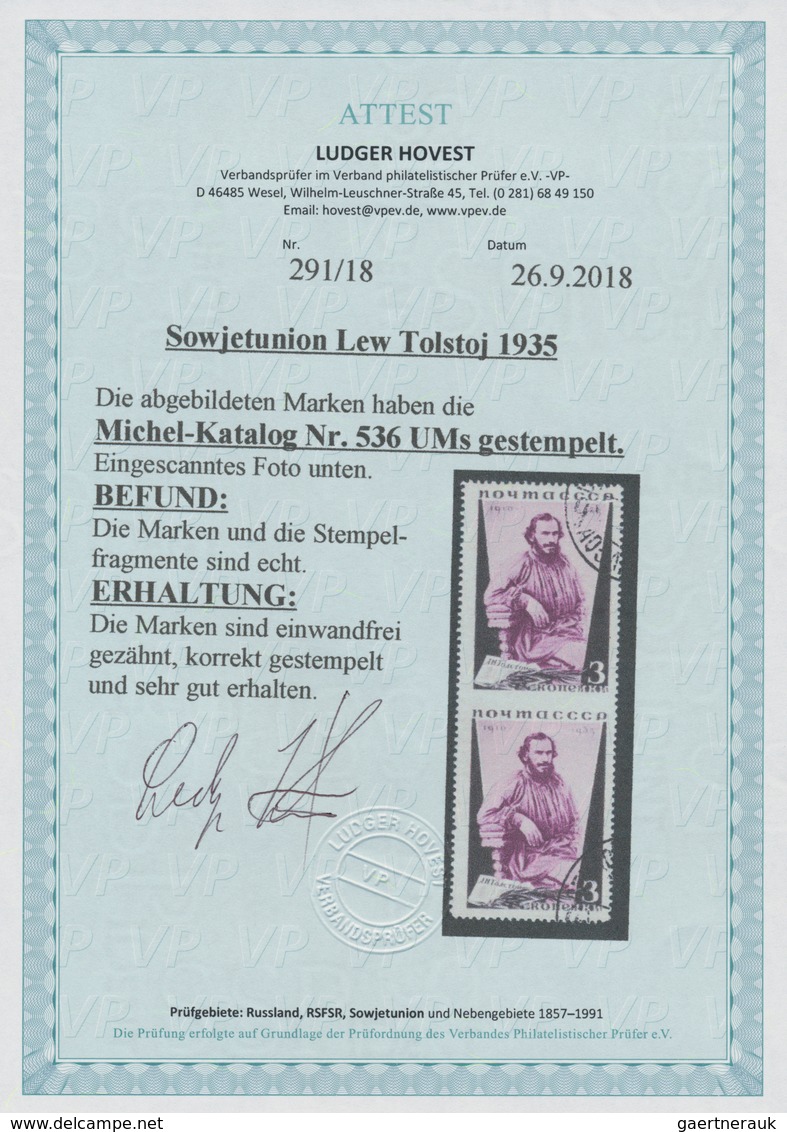 Sowjetunion: 1935, Lew Tolstoj 3kop. Violet/black, Vertical Pair IMPERFORATE BETWEEN, Neatly Cancell - Covers & Documents