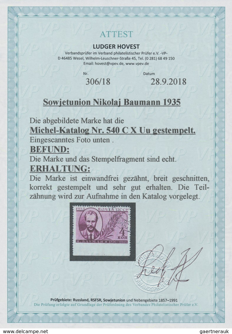 Sowjetunion: 1935, Nikolaj Baumann 4kop. Lilac, Bottom Marginal Copy IMPERFORATE AT BASE, Neatly Can - Briefe U. Dokumente