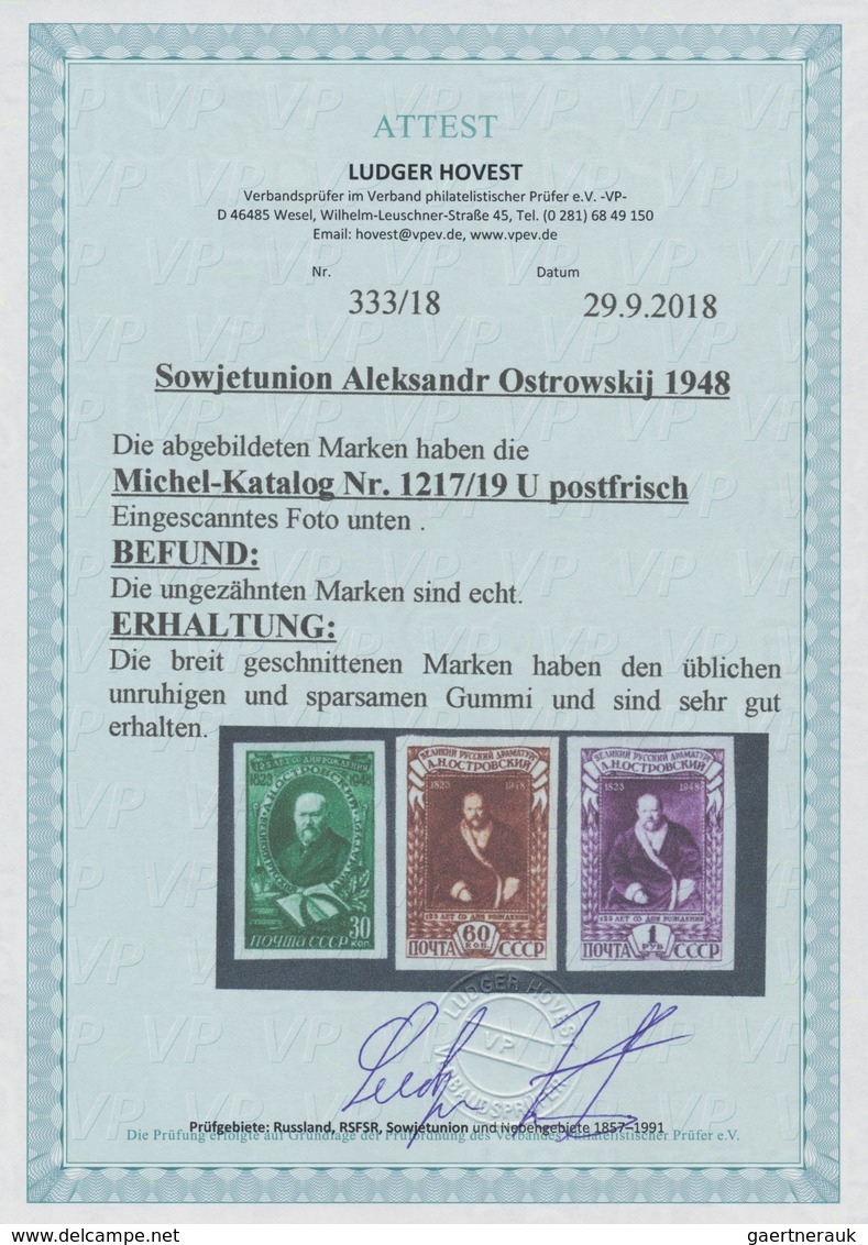 Sowjetunion: 1948, Alexander Ostrovsky IMPERFORATE, Complete Set Of Three Values, Unmounted Mint. Ce - Covers & Documents