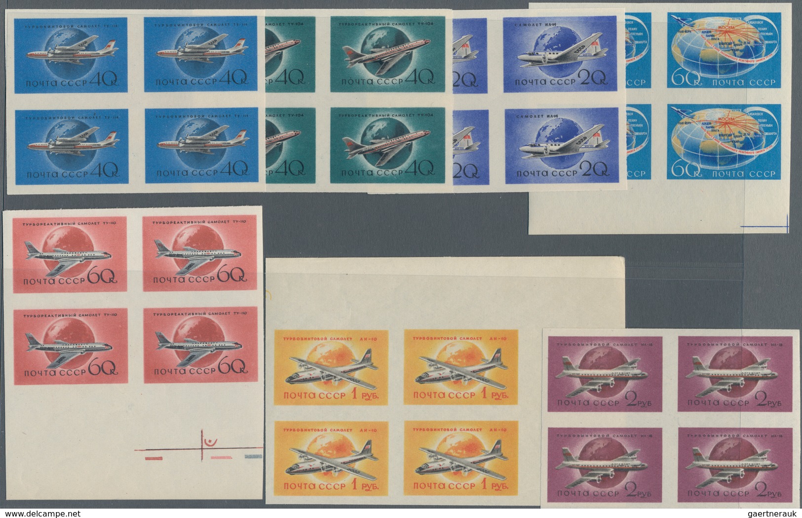 Sowjetunion: 1958, Airplanes Sets In Mnh Blocks Of Four Each Perforated And Imperforated. - Covers & Documents