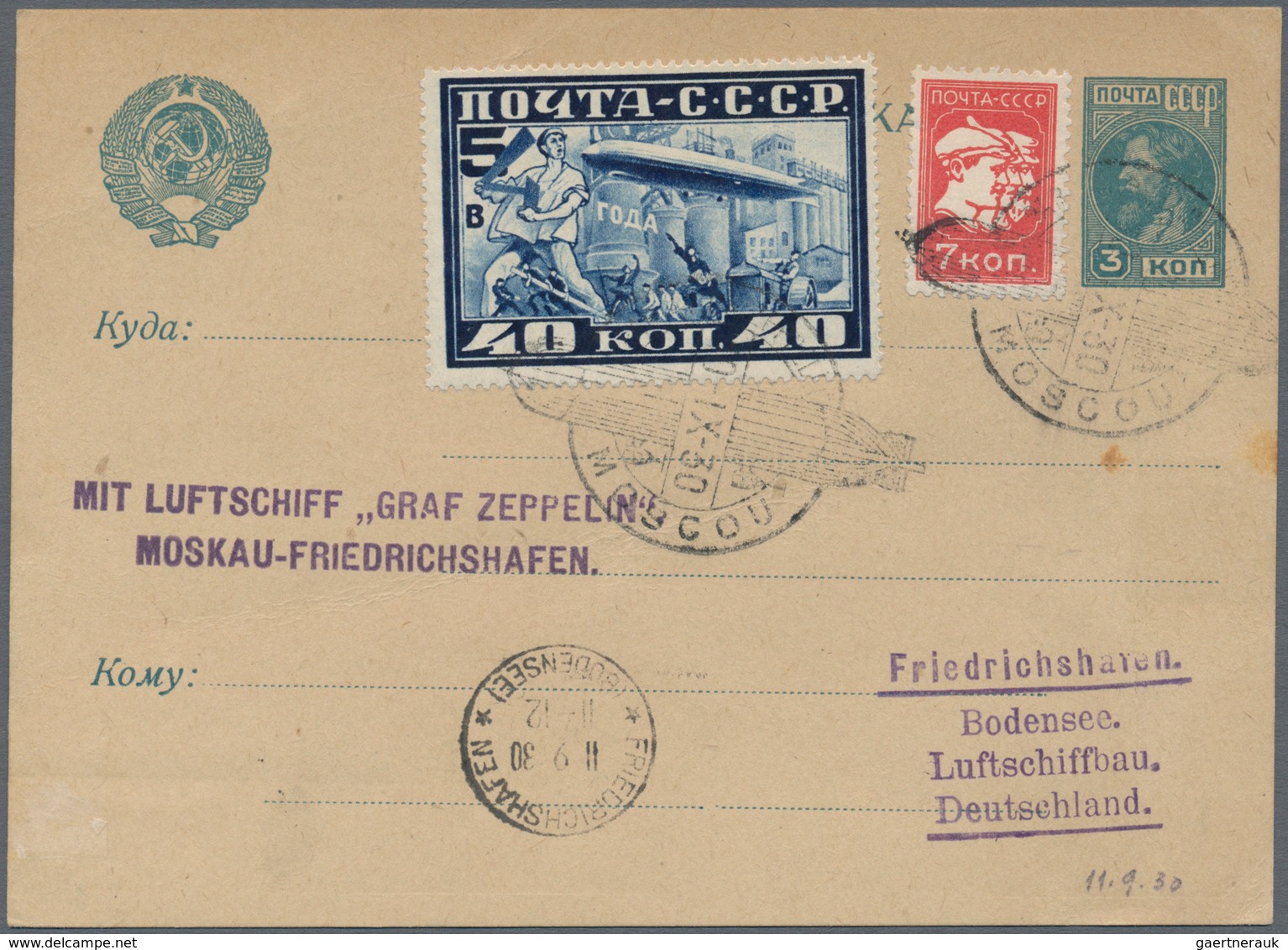 Sowjetunion - Ganzsachen: 1930, Zeppelin Flight From Moscow To Friedrichshafen, Some Little Stains. - Non Classés