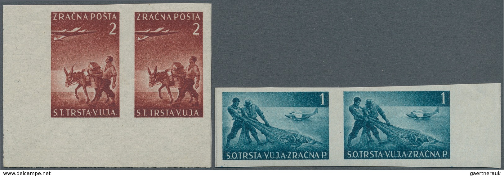 Triest - Zone B: 1949, 1 And 2 Lj Airmail Stamps Mnh As Imperforated Margin Pairs- Sassone 2.500,- - Neufs