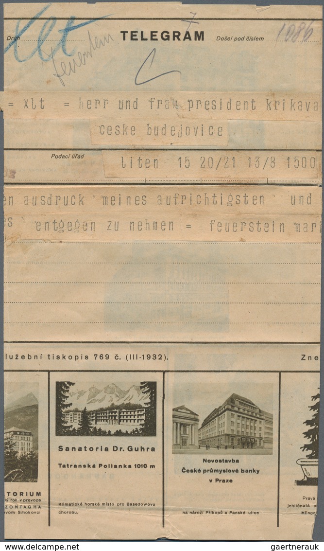 Tschechoslowakei: 1932. Advertising Telegram (bank, Medicine, Sport, Woman, Cartography). Used. - Neufs