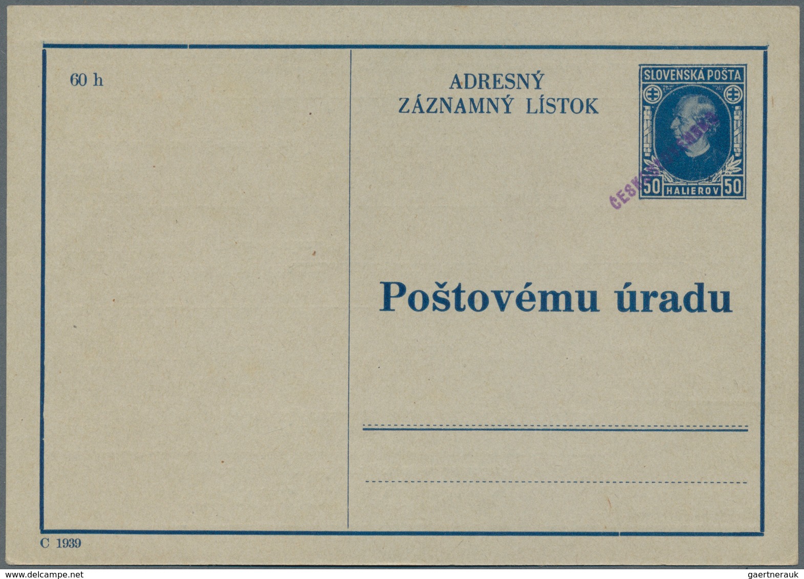 Tschechoslowakei - Ganzsachen: 1945 Unused Postal Stationery Card Temporary Issue With Overprint Ces - Postcards