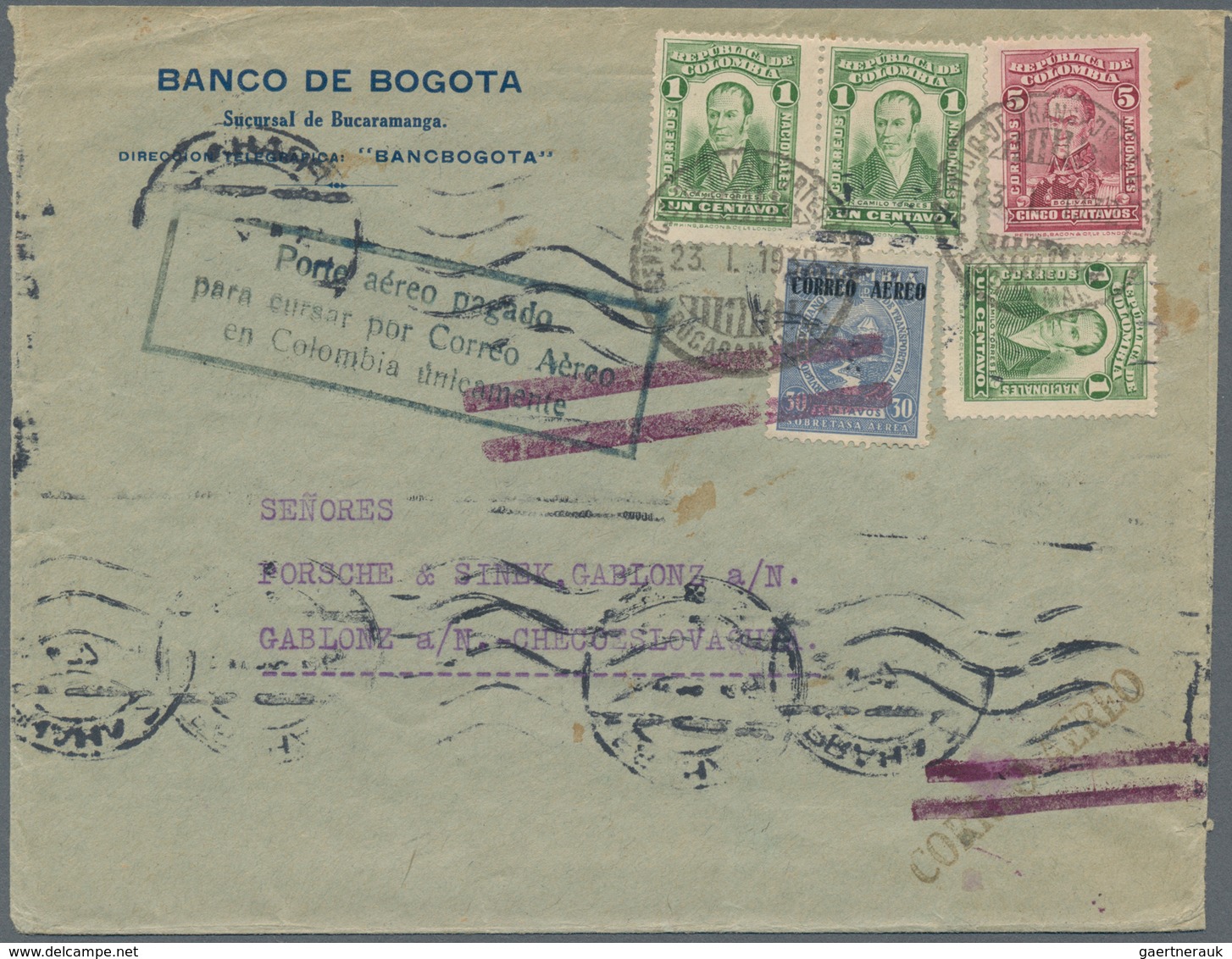 Tschechoslowakei - Besonderheiten: 1932, INCOMING MAIL: Scadta/Columbia 30 C Bright Blue Airmail Sta - Autres & Non Classés