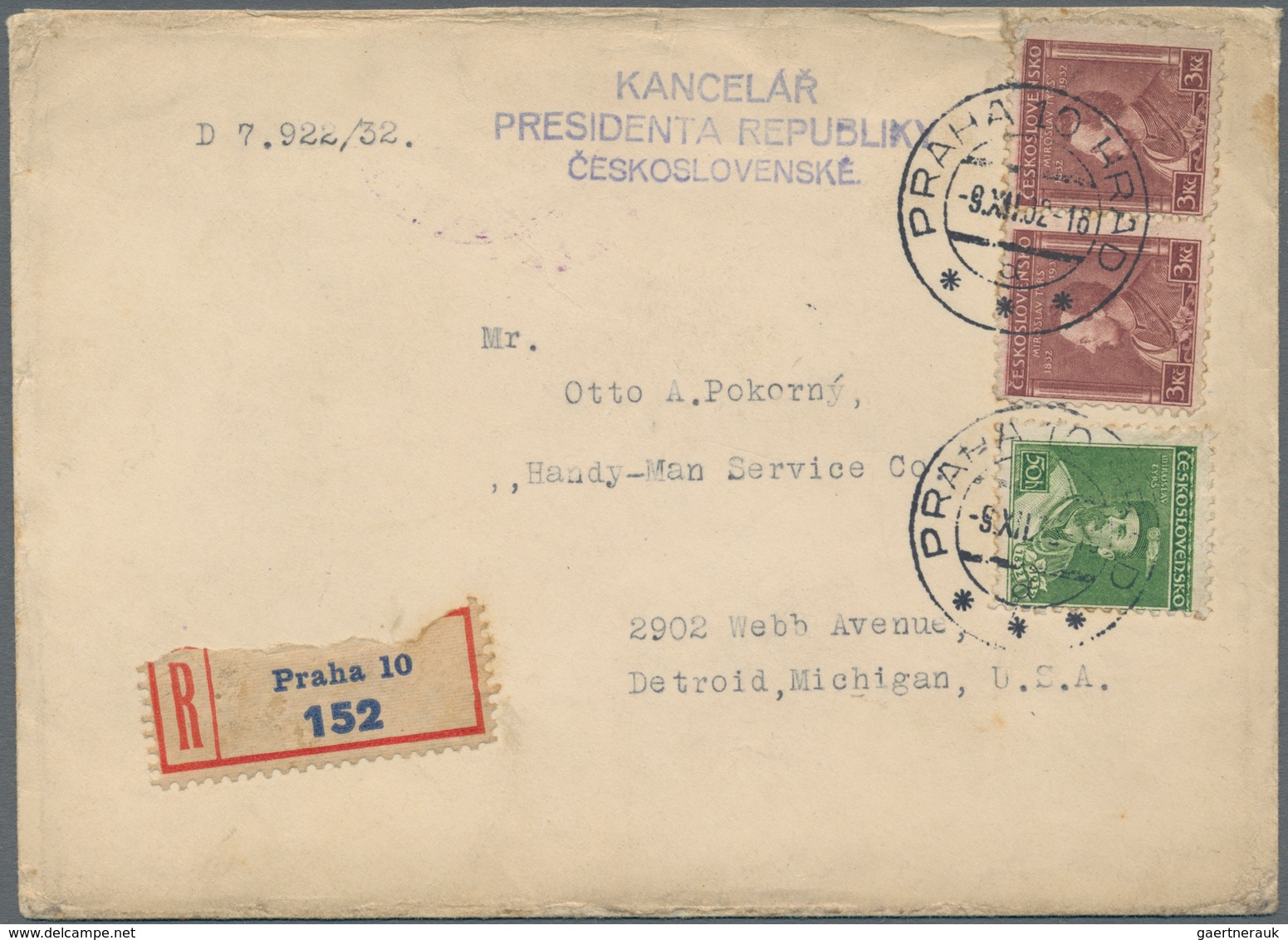 Tschechoslowakei - Besonderheiten: 1932, 50 H Green And 2 X 3 Kc Brown "M.Tyrs", Mixed Franking On R - Autres & Non Classés