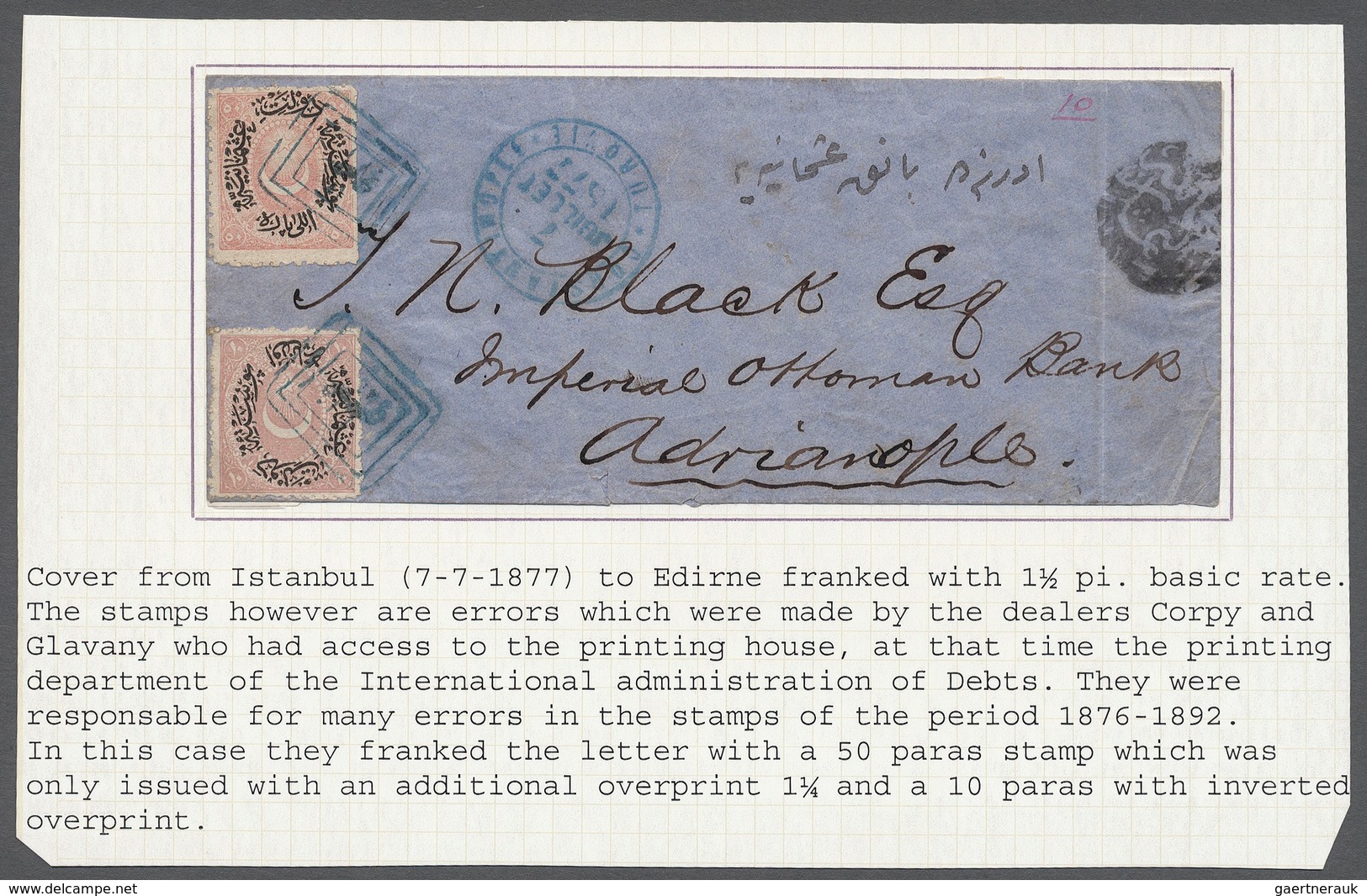 Türkei: 1877, Cover From GALATA To Edirne With Two Errors, 10 Pa. With Inverted Overprint And 50 Pa. - Neufs