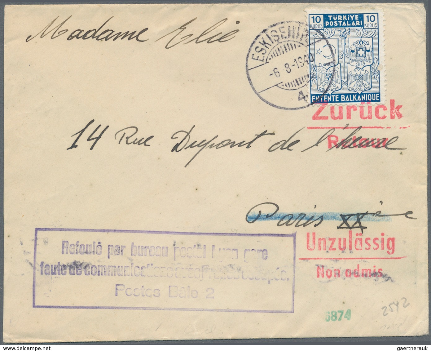 Türkei: 1940, INTERCEPTED MAIL: Turkey, 10 K Grey-blue "balkan Pact", Single Franking On Cover From - Ungebraucht