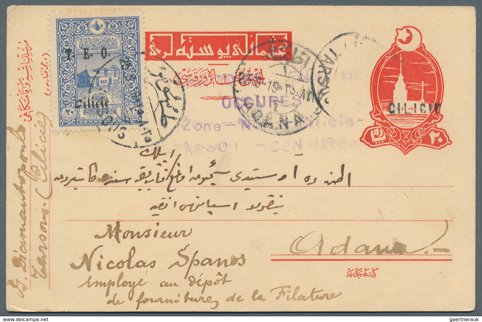 Türkei - Cilicien: 1919. Turkish Postal Stationery Card 20pa Red Overprint' Cilicie' Uprated With Fr - 1920-21 Anatolie