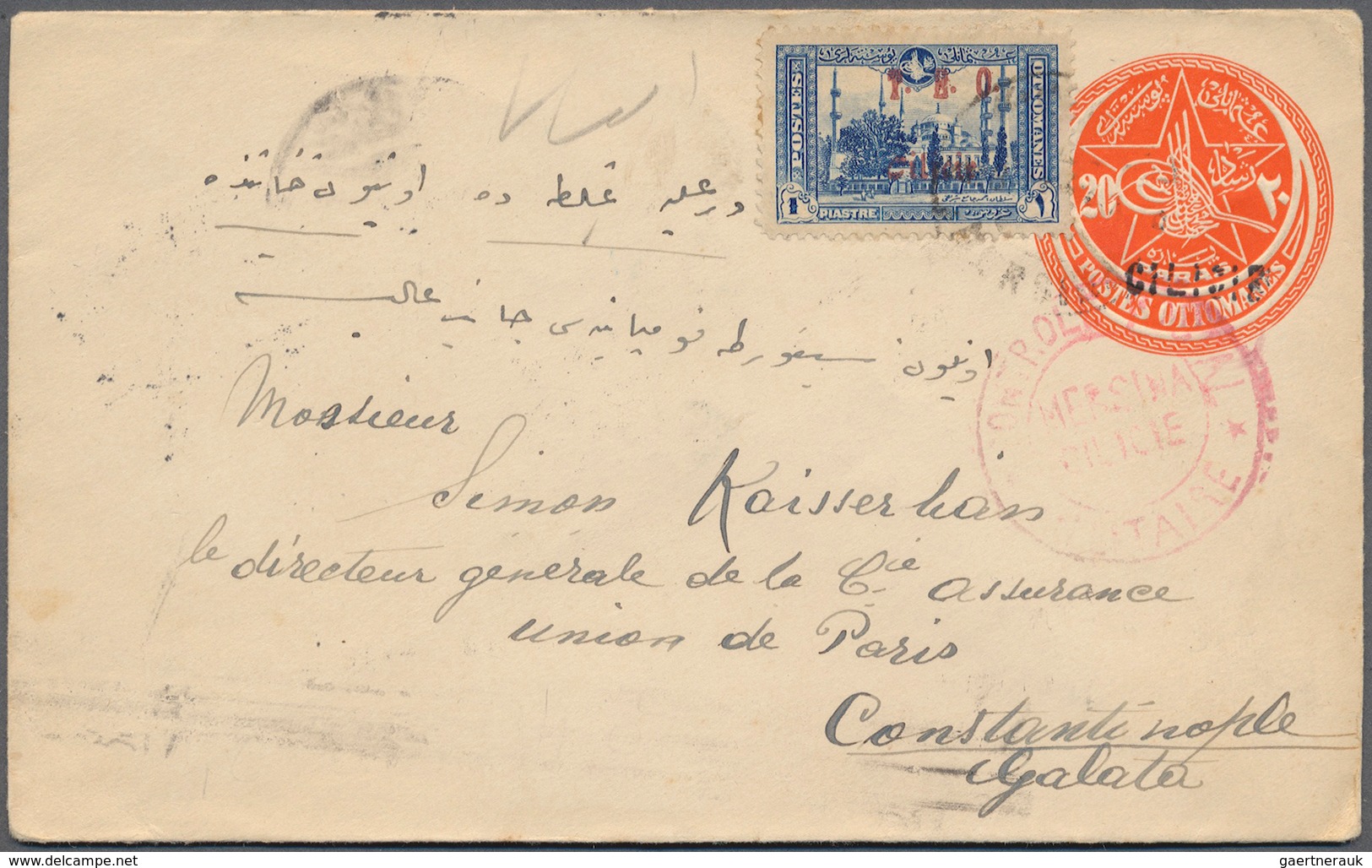 Türkei - Cilicien: 1919 (ca.): Turkish Postal Stationery Envelope 20p Scarlet Overprinted 'Cilicie' - 1920-21 Anatolie