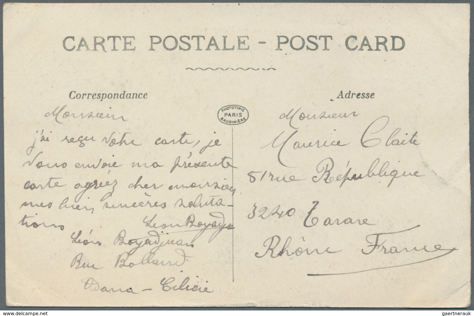Türkei - Cilicien: 1919. Picture Post Card Of 'Mizrahi, Adana' Addressed To France Bearing Cilicie Y - 1920-21 Anatolie