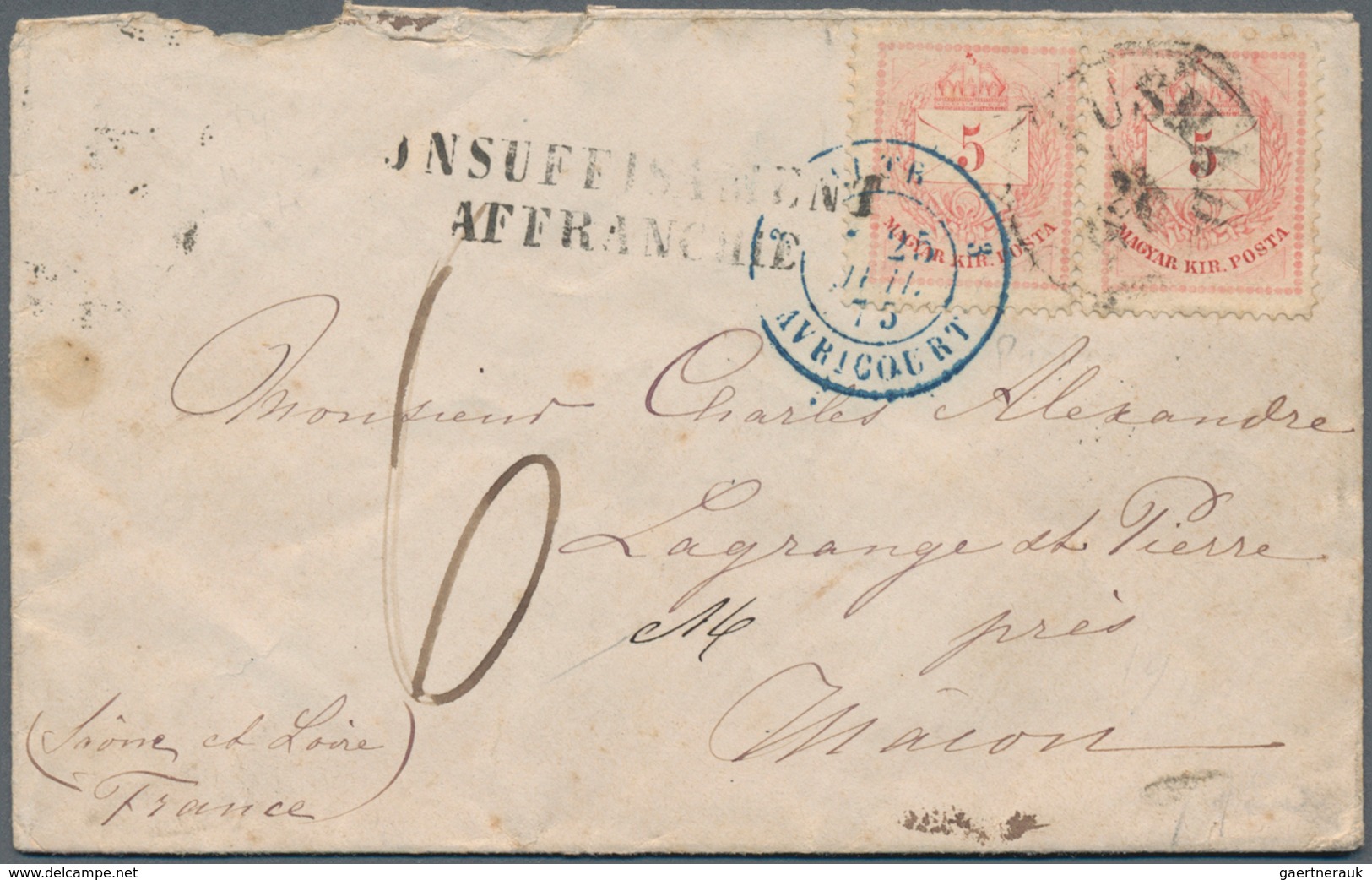 Ungarn: 1875. Envelope (roughly Opened) Addressed To France Bearing Yvert 15, 5kr Carmine (pair) Tie - Lettres & Documents