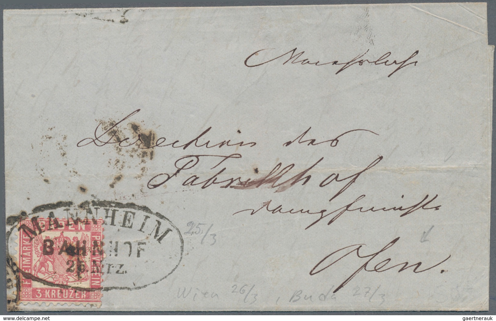 Ungarn: 1868, Incoming Mail From BADEN/GERMANY Stamped With 3 Kr Red Cancelled With Oval Postmark "M - Lettres & Documents