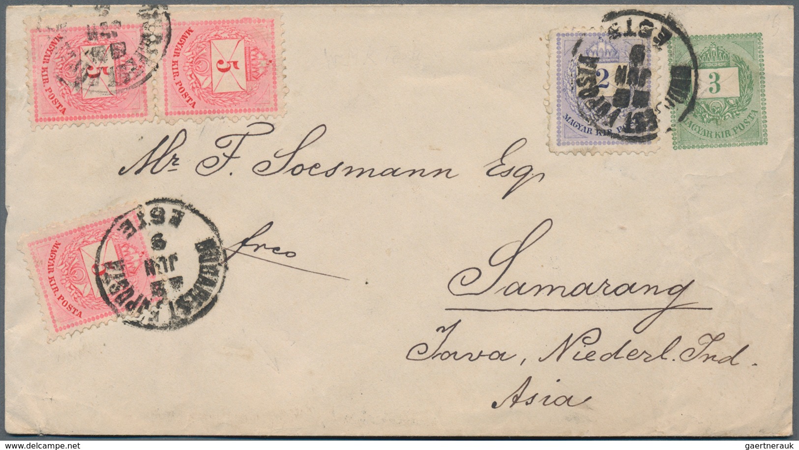 Ungarn: 1885. Hungary Postal Stationery Envelope 5kr Green Upgraded With Yvert 18, 2kr Violet And Yv - Lettres & Documents