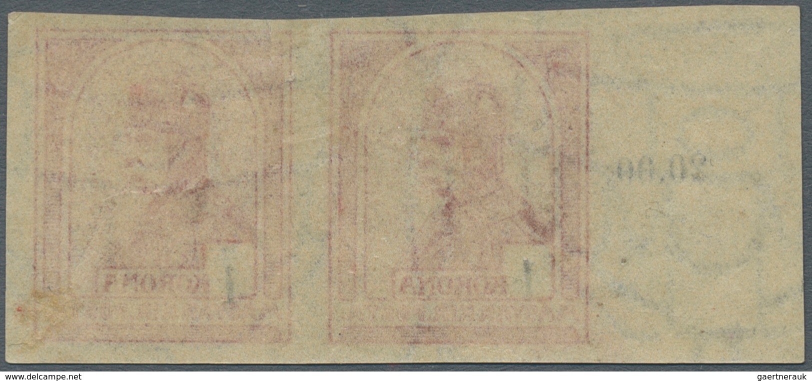 Ungarn: 1900, 1 Kr King Franz Josef Red With Black Digitals, Horizontal Pair, Inperforated, From The - Lettres & Documents