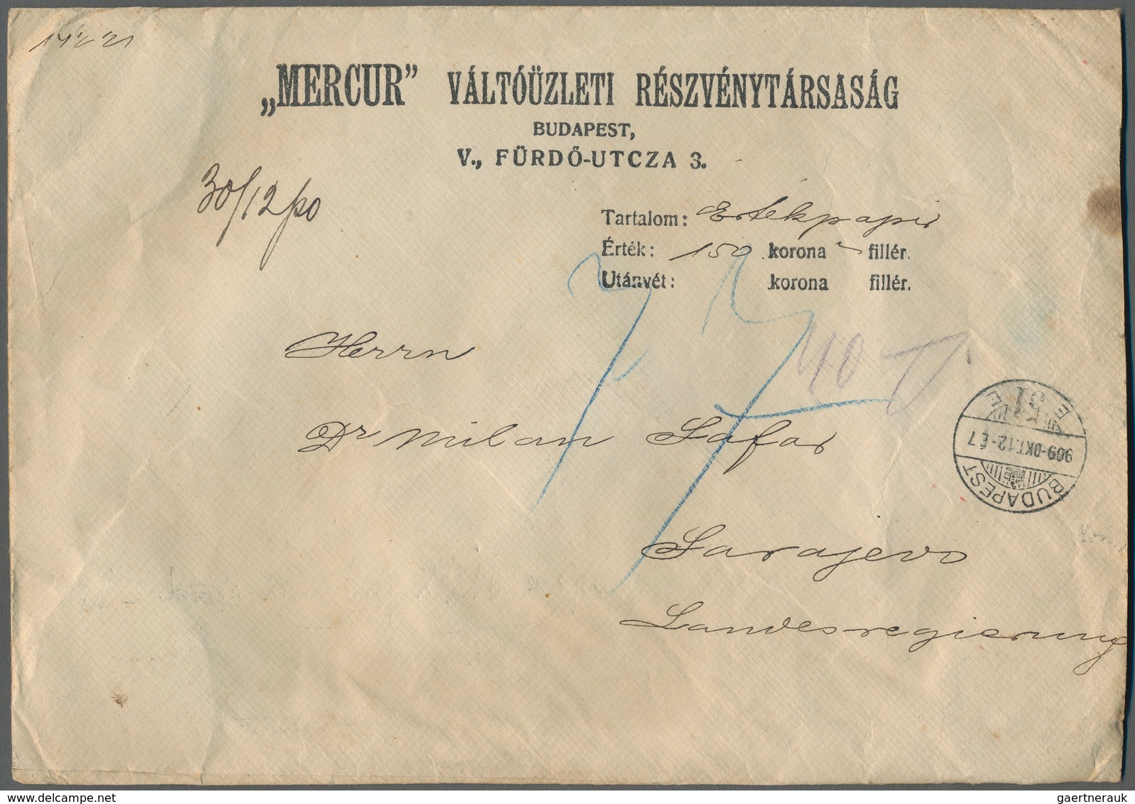 Ungarn: 1909, Large “MERCUR” Money Envelope To An Address In Bosnia And Herzegovina, Value Enclosed - Lettres & Documents