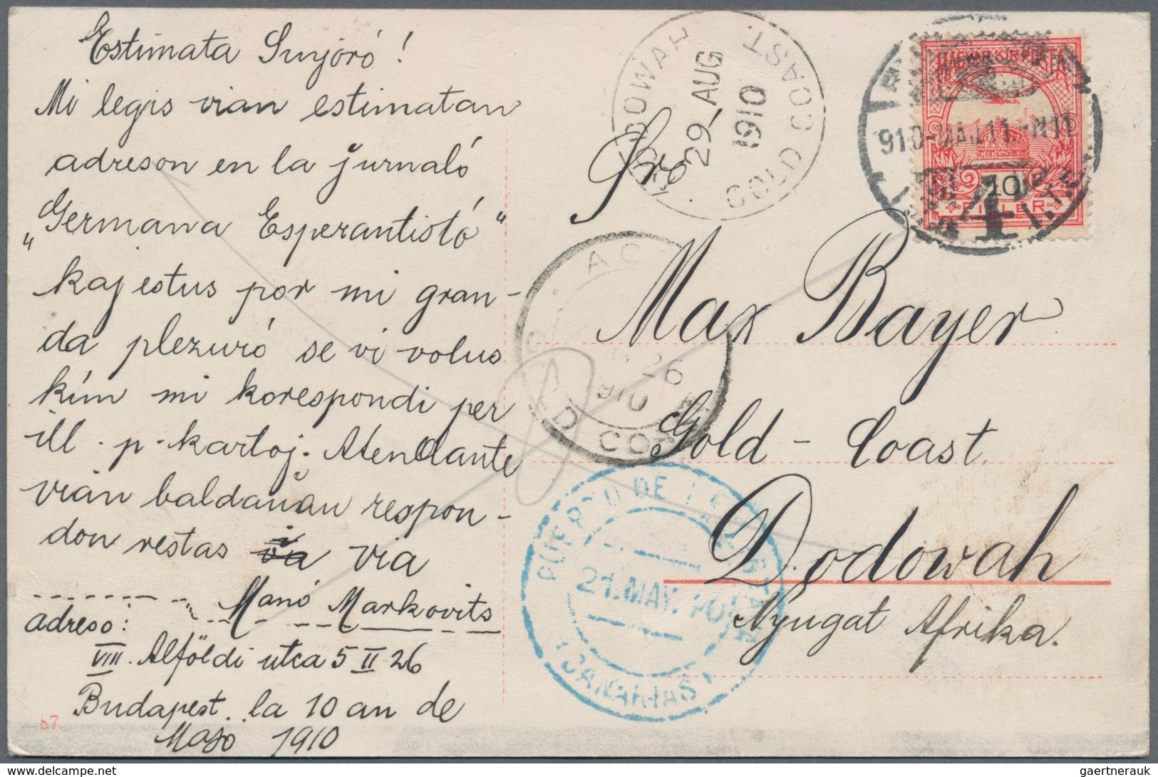 Ungarn: 1910, Ppc From "BUDAPEST 11.5.1910" Via "Canarian Islands", Accra To DODOWAH; GOLDCOAST. Arr - Lettres & Documents