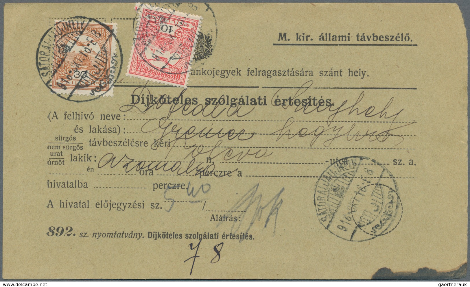 Ungarn: 1916, 10 F Rose/black And 30 F Brown-orange/black "Turul", Tied By Cds SÁTORALJAÚJHELY, 16.O - Lettres & Documents