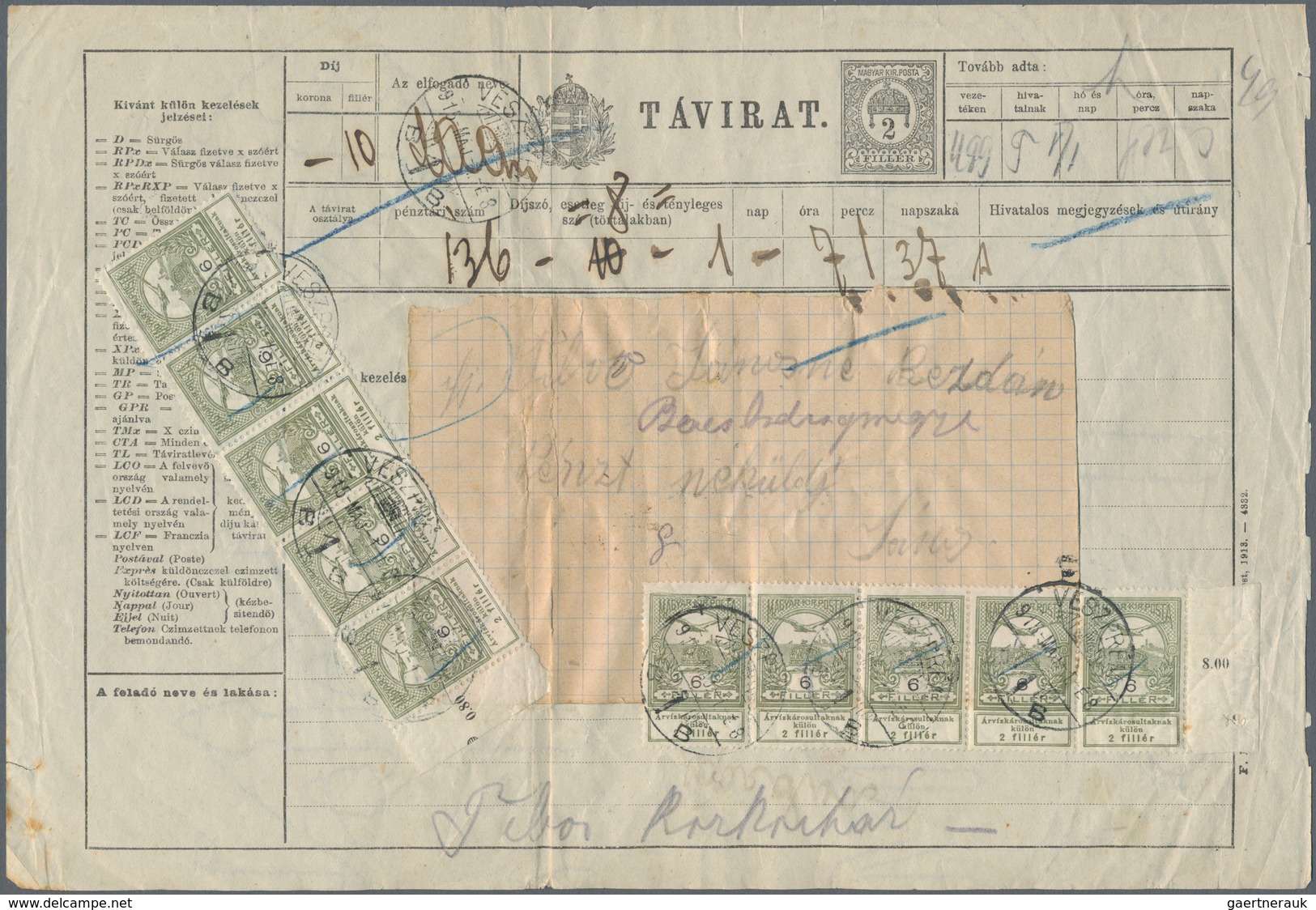 Ungarn: 1915. Telegram 2f With Additional Franking 2 Times Strips Of Five 6f+2f Help For Flood Victi - Lettres & Documents