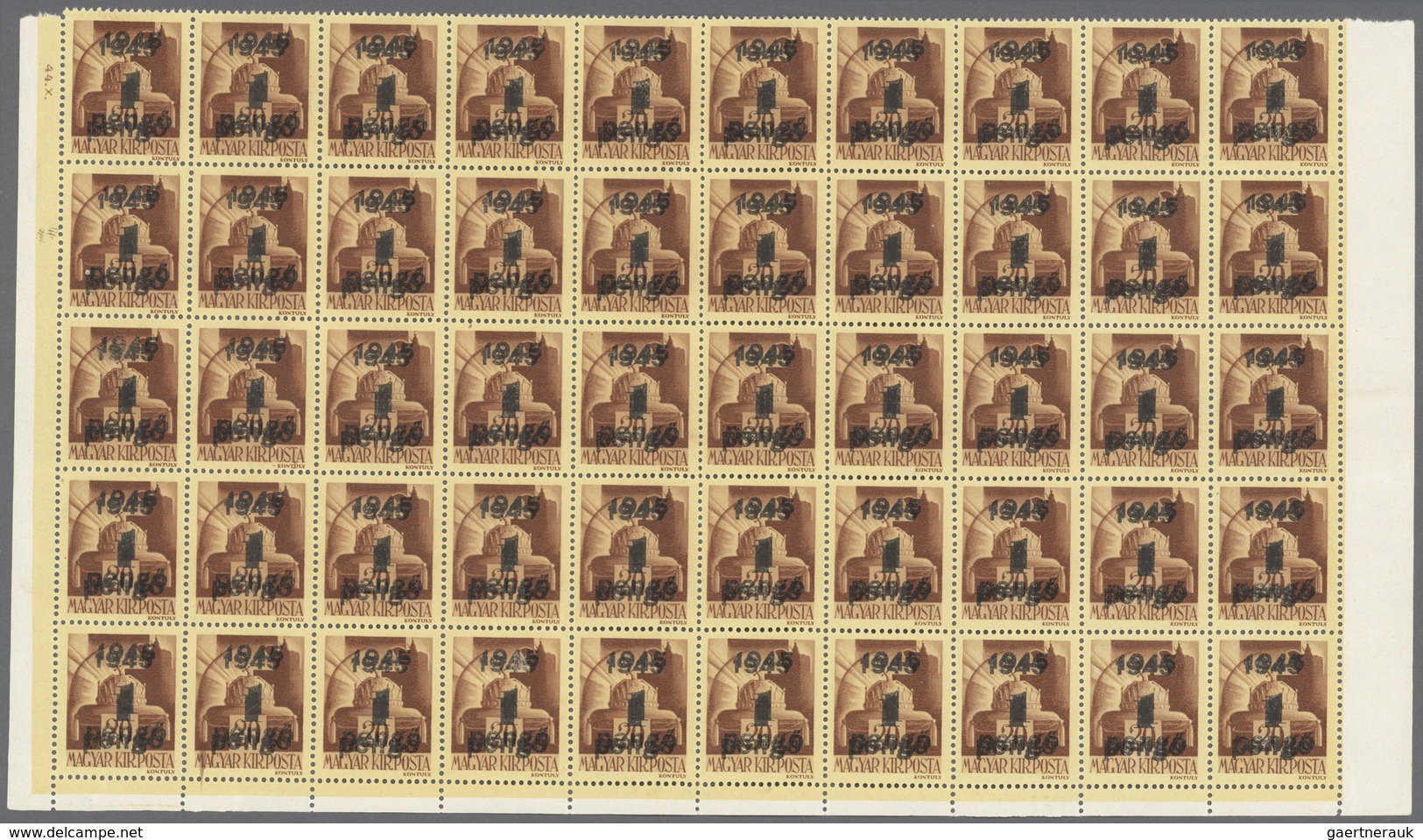 Ungarn: 1945, 1 P On 20 F Red-brown With DOUBLE Surcharge "1945 / 1 / Pengö", Block With 50 Stamps ( - Lettres & Documents