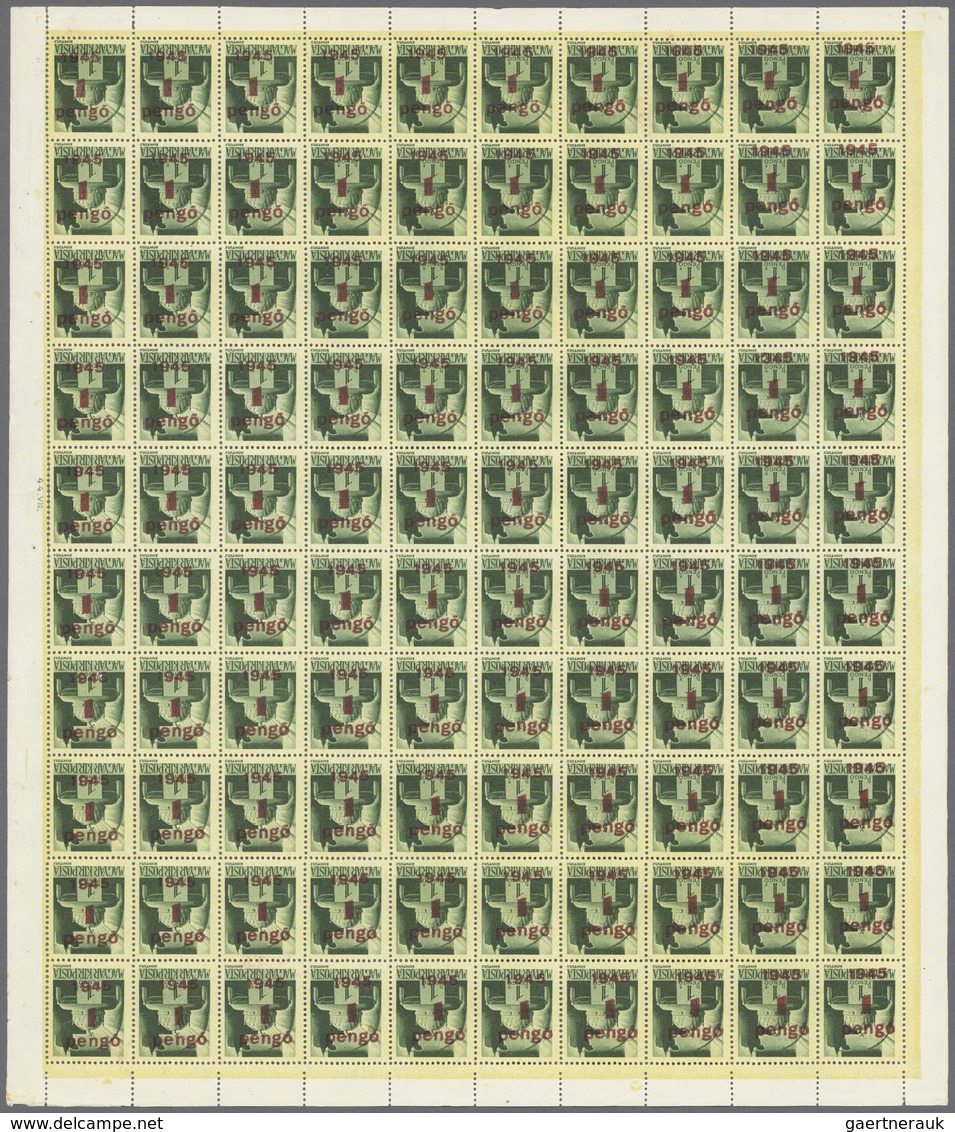 Ungarn: 1945, 1 P On 1 P Deep Green With INVERTED Surcharge "1945 / 1 / Pengö", Complete Printing Sh - Lettres & Documents