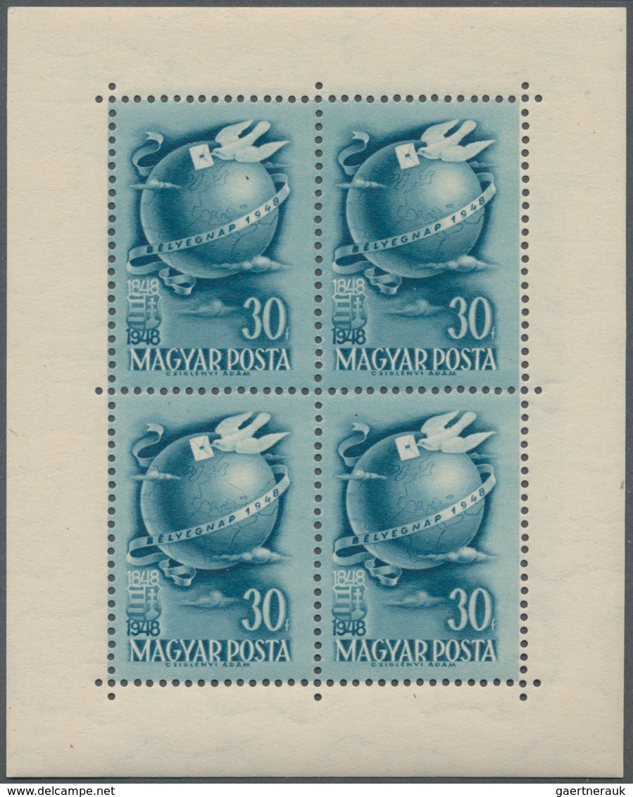 Ungarn: 1947/1949, 3 Postfrische Gezähnte Kleinbogen "Tag Der Briefmarke" Dazu 1 Bogen " 50 Jahre Ge - Lettres & Documents