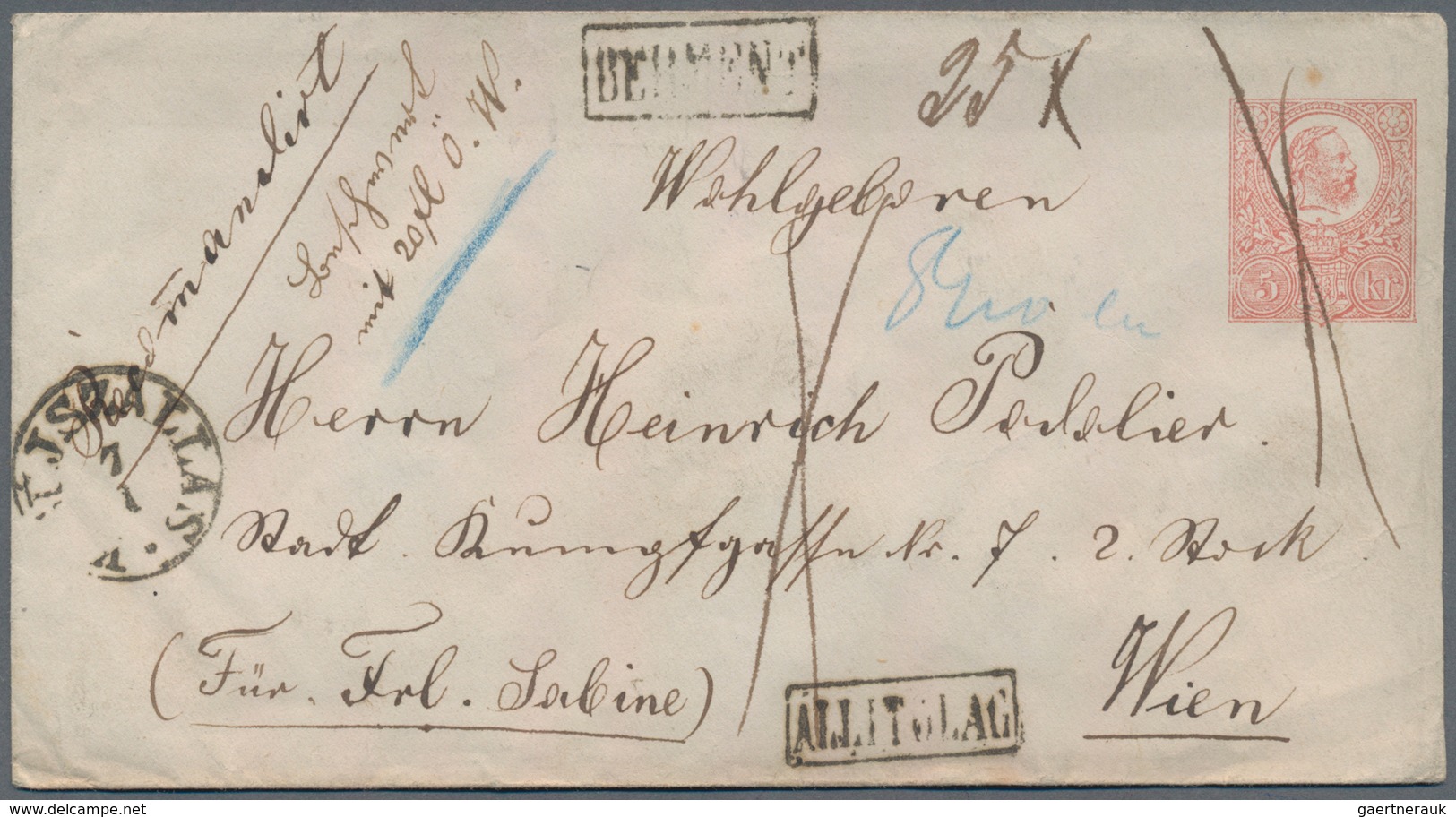 Ungarn - Ganzsachen: 1871, 5 Kr. Ganzsachenumschlag Ab "ISZALAS" Nach Wien, "Rekommandiert" Mit Hand - Entiers Postaux