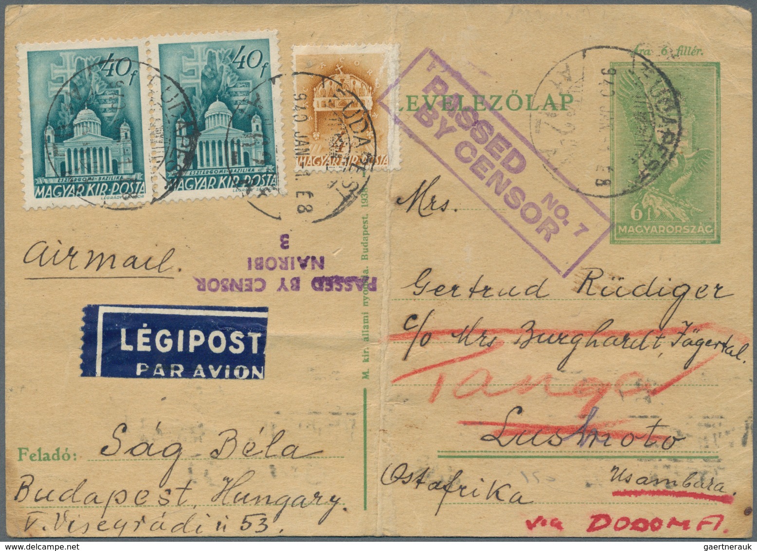 Ungarn - Ganzsachen: 1939. Hungarian Postal Stationery Card 6f Green (vertical Fold)  Upgraded With - Entiers Postaux