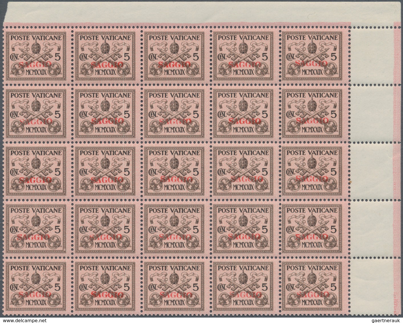 Vatikan: 1929, Papal Coat Of Arms 5c. Brown On Rose With Red Opt. ‚SAGGIO‘ In A Block Of 25 From Upp - Unused Stamps