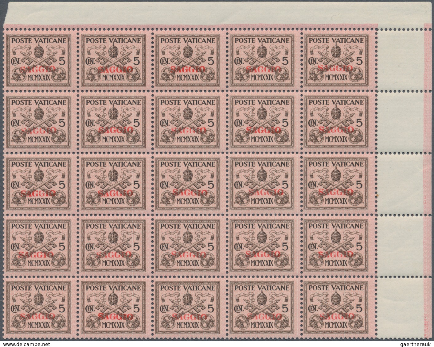 Vatikan: 1929, Papal Coat Of Arms 5c. Brown On Rose With Red Opt. ‚SAGGIO‘ In A Block Of 25 From Upp - Ungebraucht