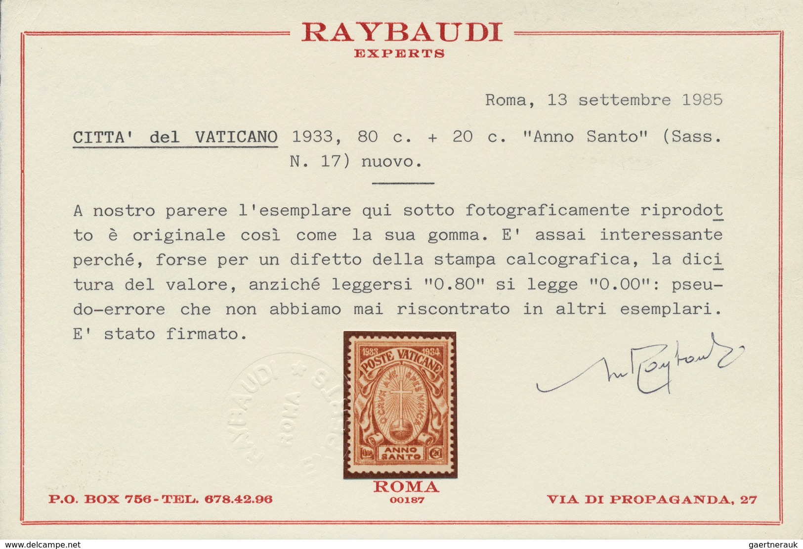 Vatikan: 1933, Anno Santo, Variety "0,00 Lire" + 20 C Instead Of "0,80 Lire" + 20 C Brown, Mint With - Neufs