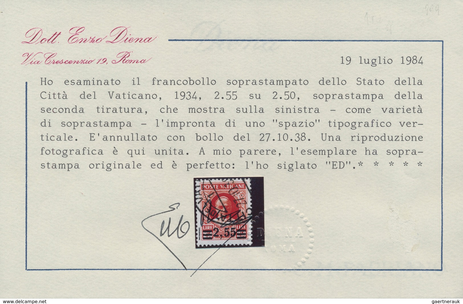 Vatikan: 1934, 2,55 L On 2,50 L Orange-red Provisional Definitive, Second Printing, Surcharge With A - Unused Stamps